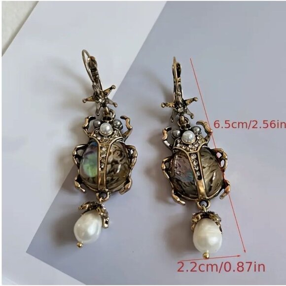 Beetle Earrings with Imitation Pearl Accents Gold Tone Long Dangles - Picture 2 of 2